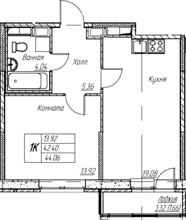 1-комнатная квартира 44.06 м², 12/22 эт., ЖК «Парк-квартал Юнтолово»
